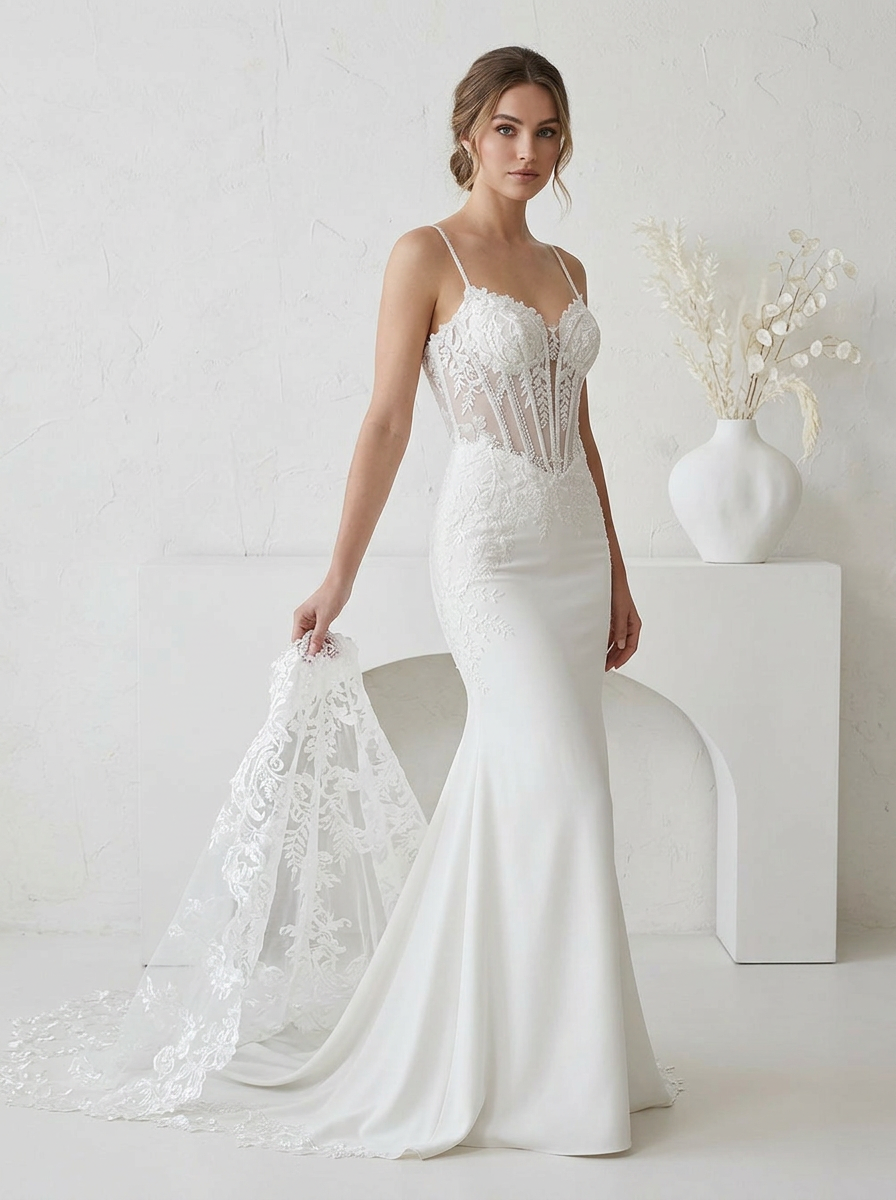 White Spaghetti Straps Corset Mermaid Satin Appliqued Wedding Dress